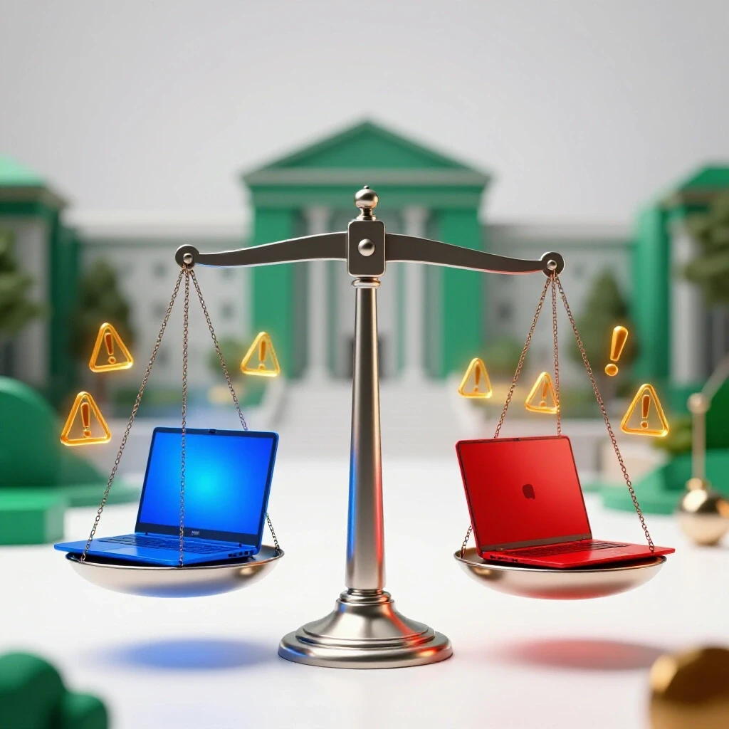 A metallic balance scale with two contrasting laptops, glowing and warning symbols, set on a bright campus backdrop.
