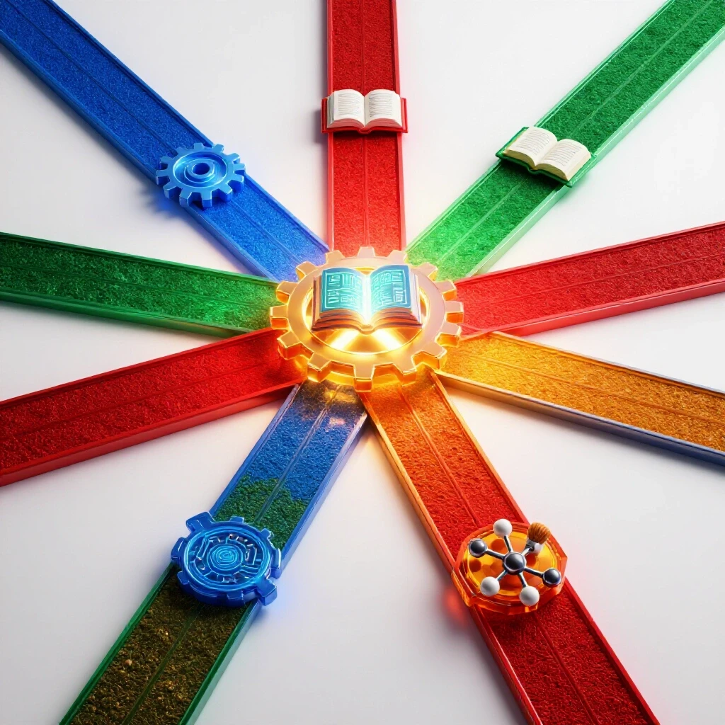 Diverse, colorful pathways branching from a central point, each marked by vivid icons for different interests