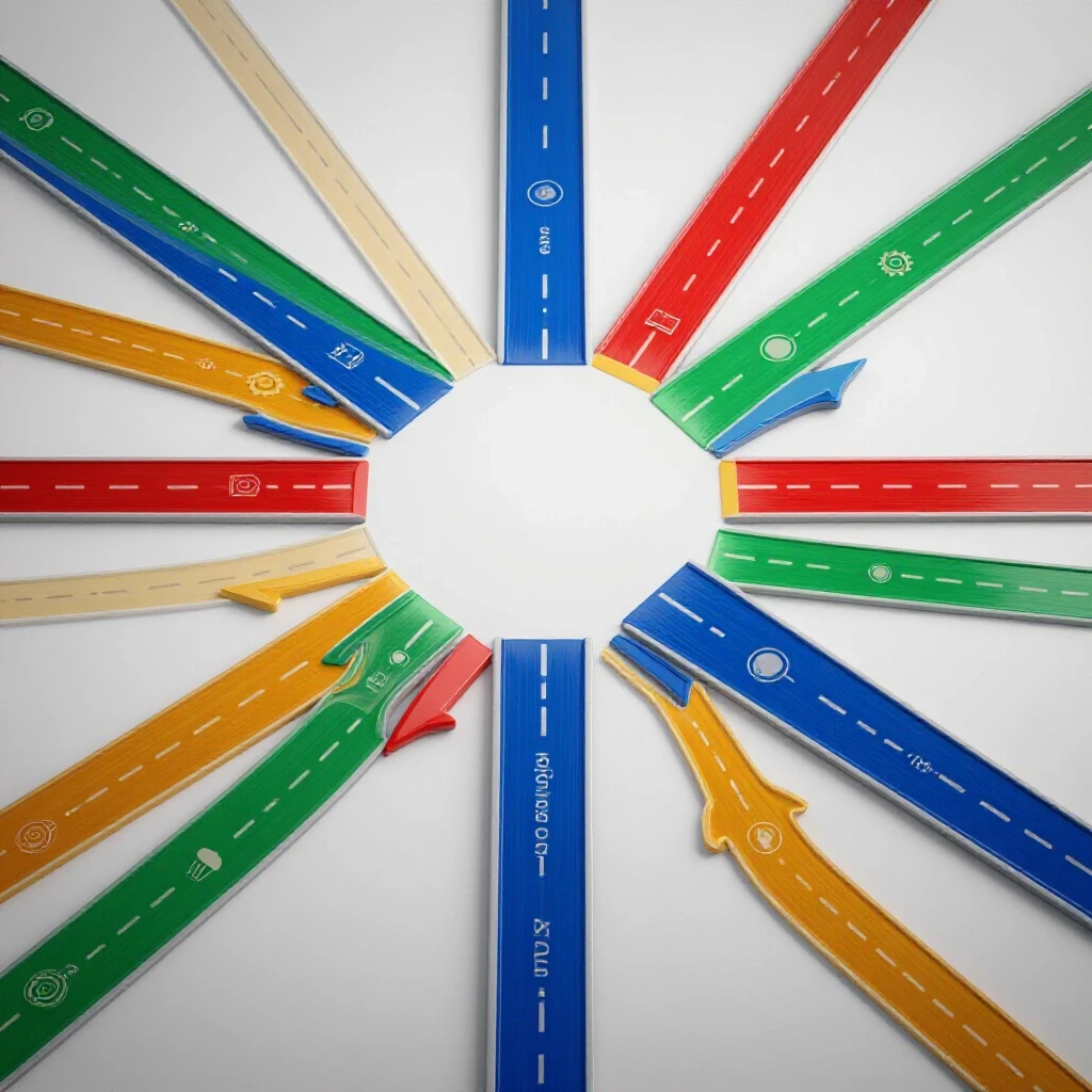 Diverging colorful campus pathways at a crossroads, each path symbolizing a different college journey.