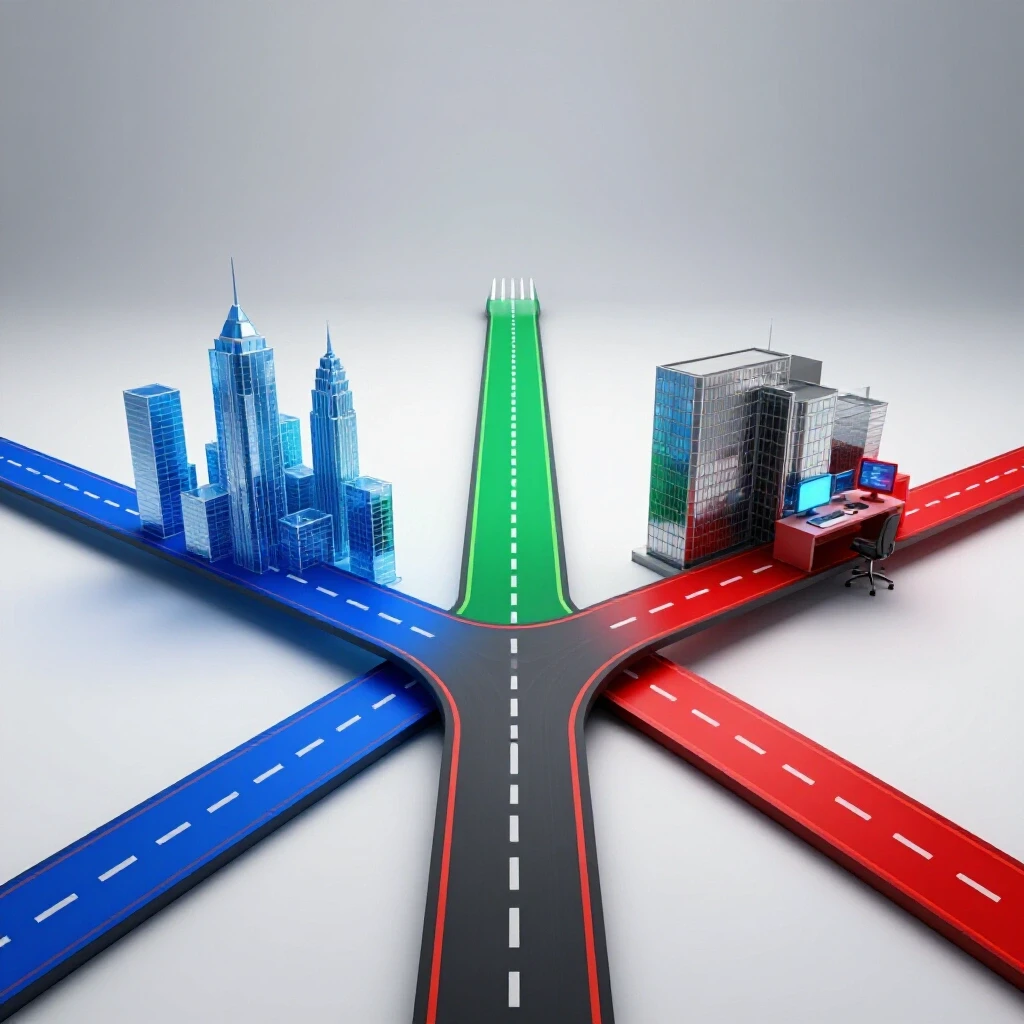 A luminous forked road with deep-colored paths leading to a city, office, and home workspace, highlighting career choices.