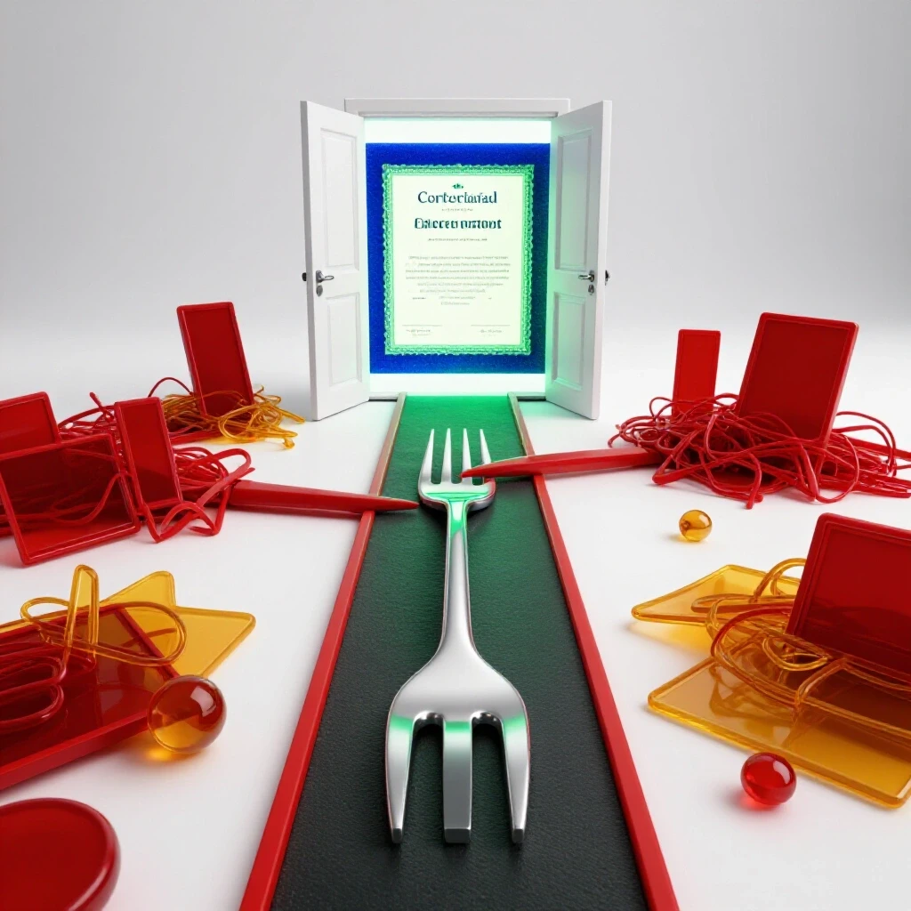 A forked pathway leading to a glowing certificate through an open door, while another path is cluttered with colorful obstacles.