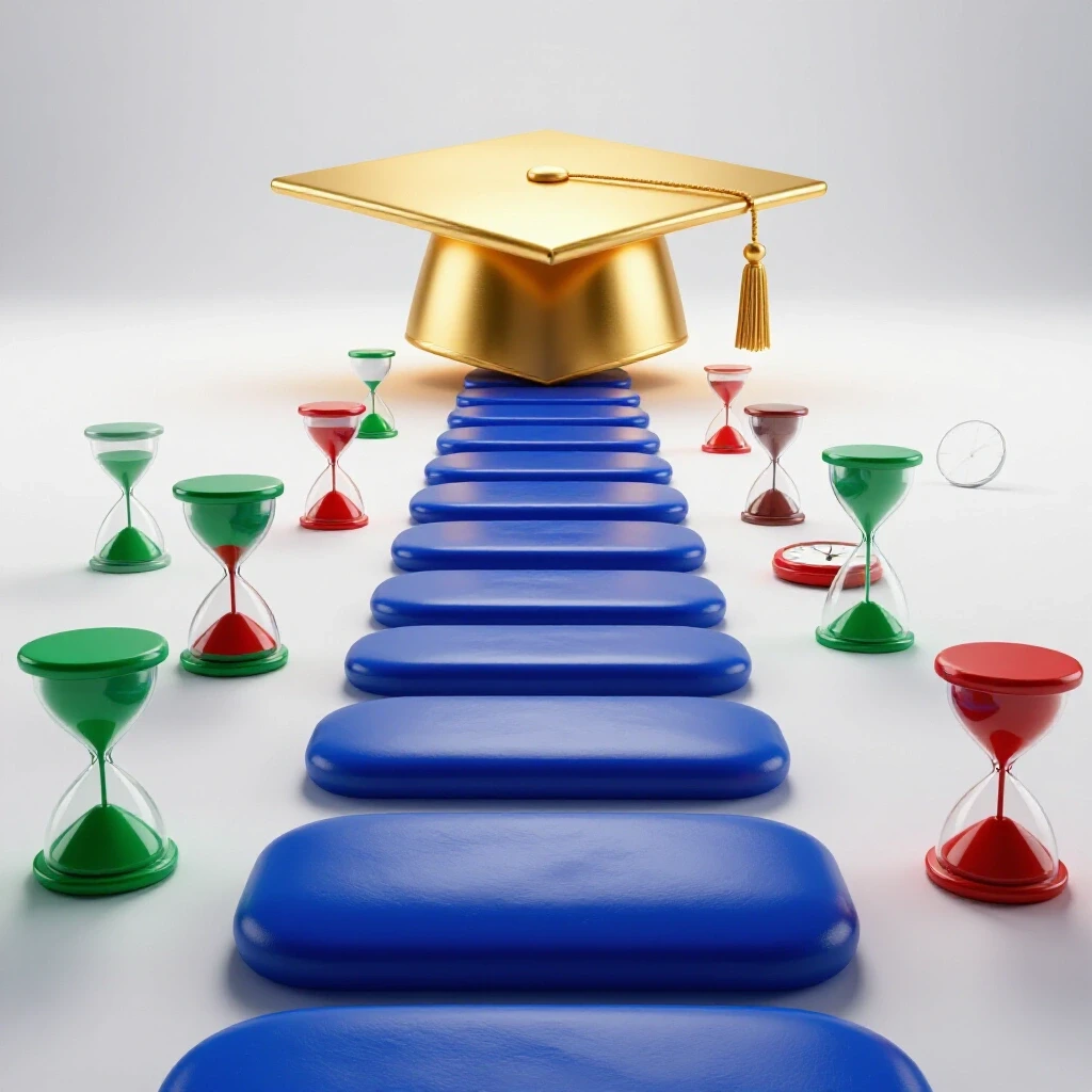 Pathway of vibrant stepping stones and timepieces leading to a glowing graduation cap on a bright horizon.