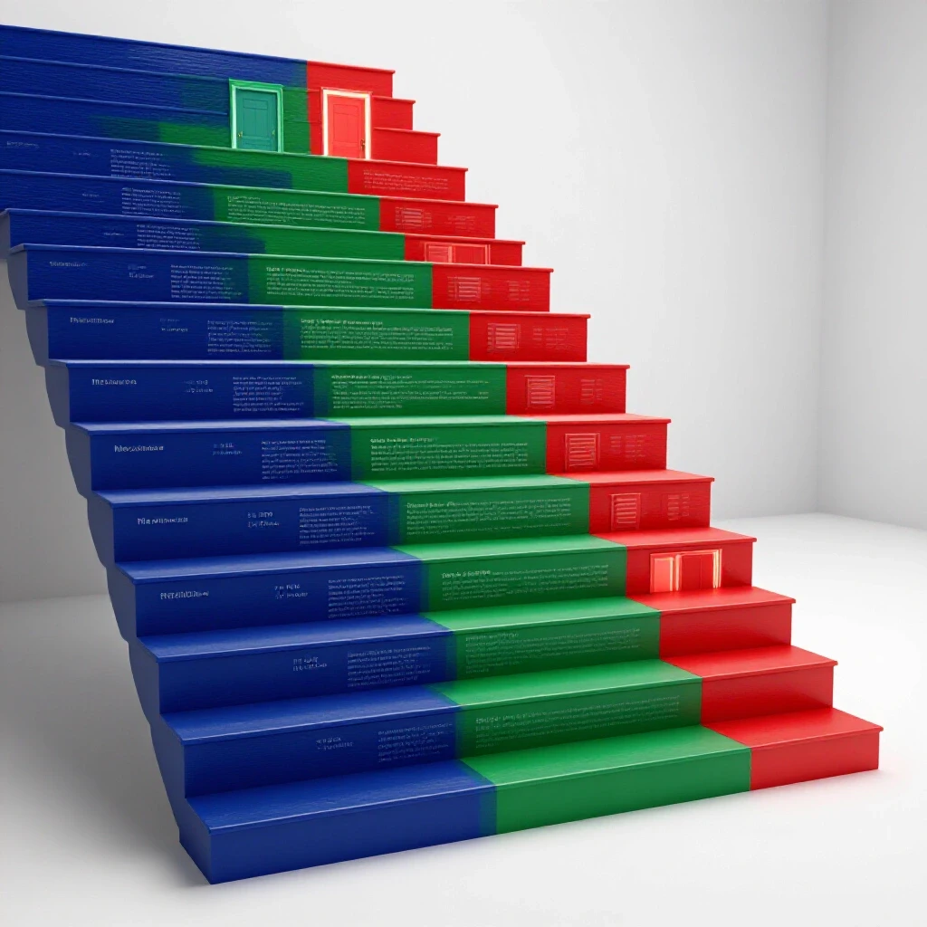 Bold staircase of colorful resume pages leading to glowing opportunity doors on a bright studio background.