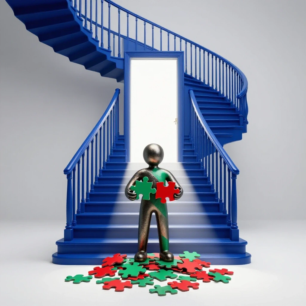 A winding staircase in deep blue ascends into a bright doorway, with a puzzled figure holding scattered pieces at the base.