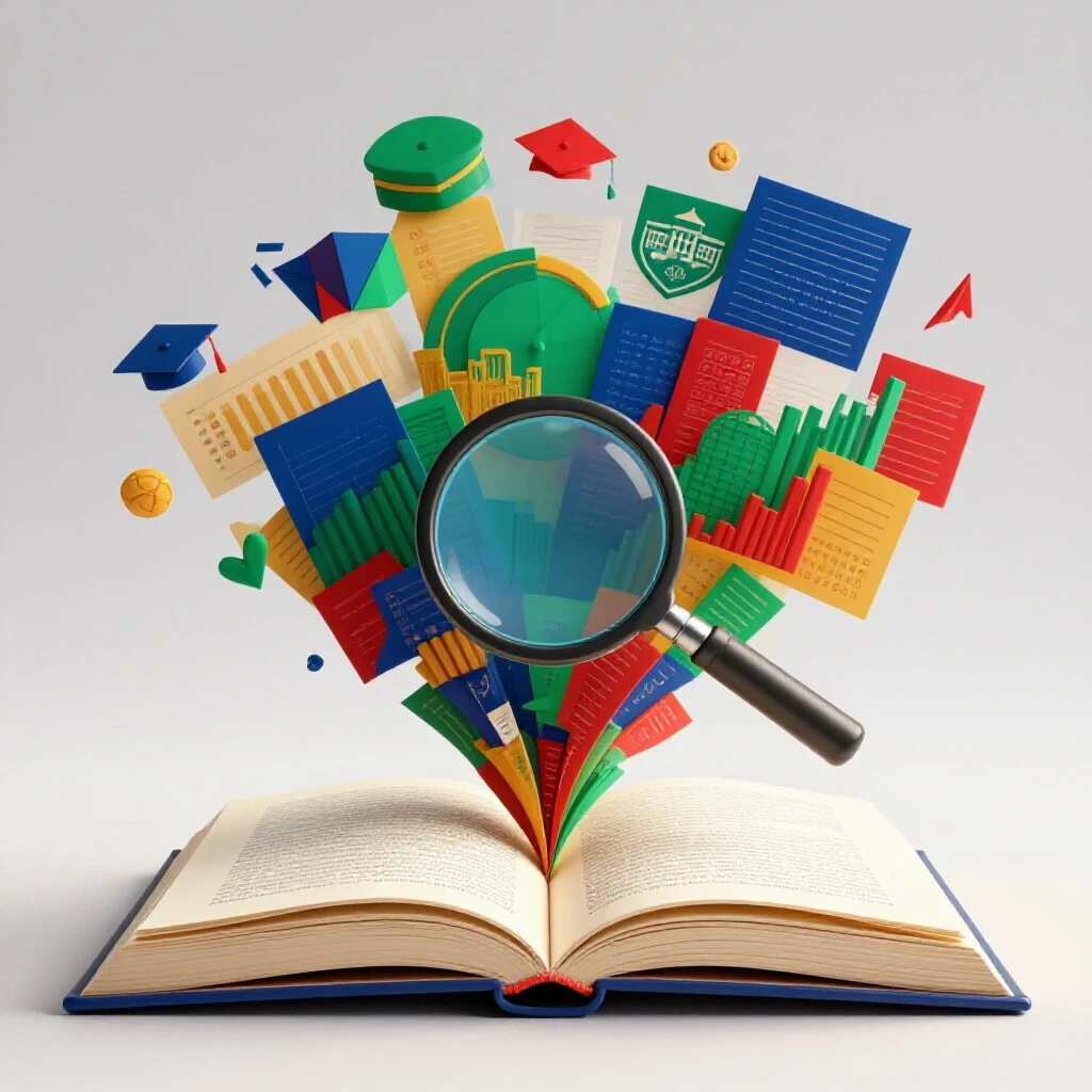 Open book with vibrant charts, numbers, and university icons emerging, examined by a magnifying glass on a bright background.