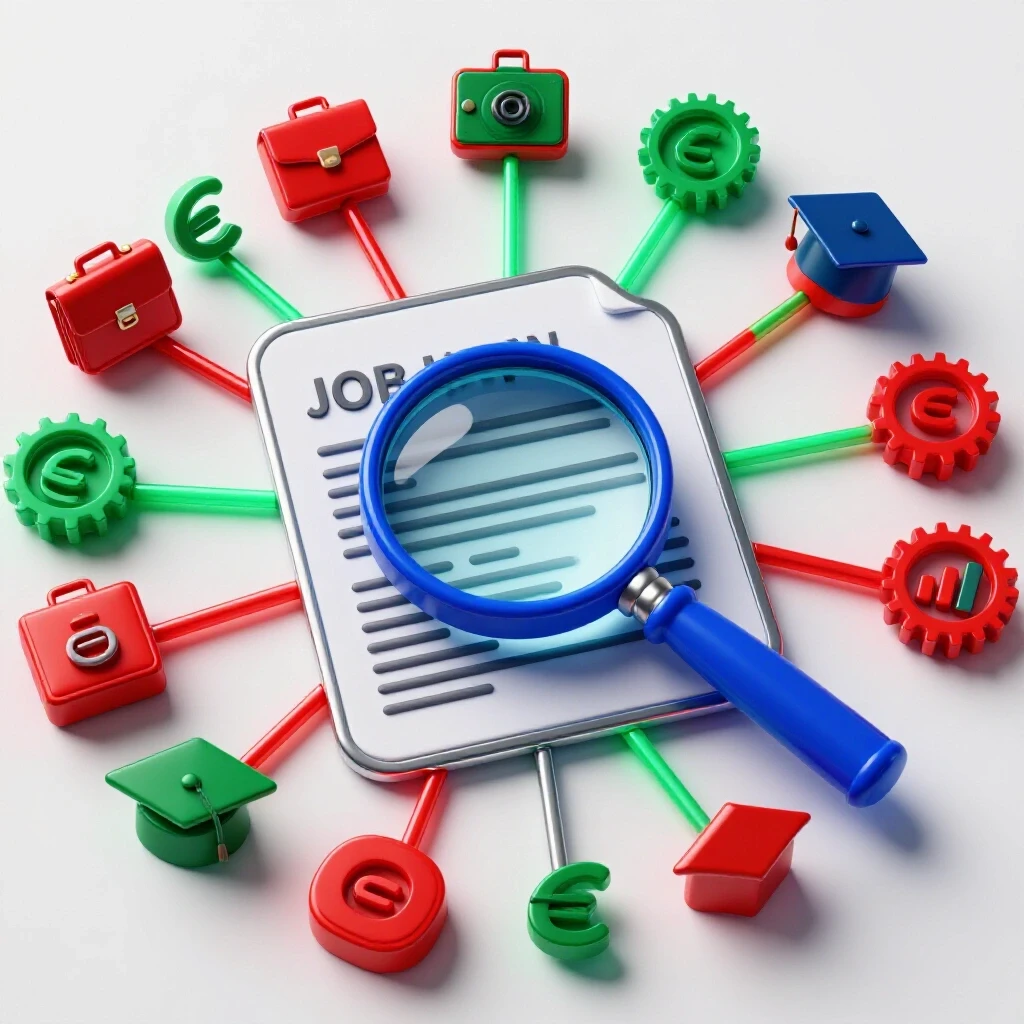 Magnifying glass inspecting a job posting with glowing pathways leading from degree symbols to various career icons on a bright background.