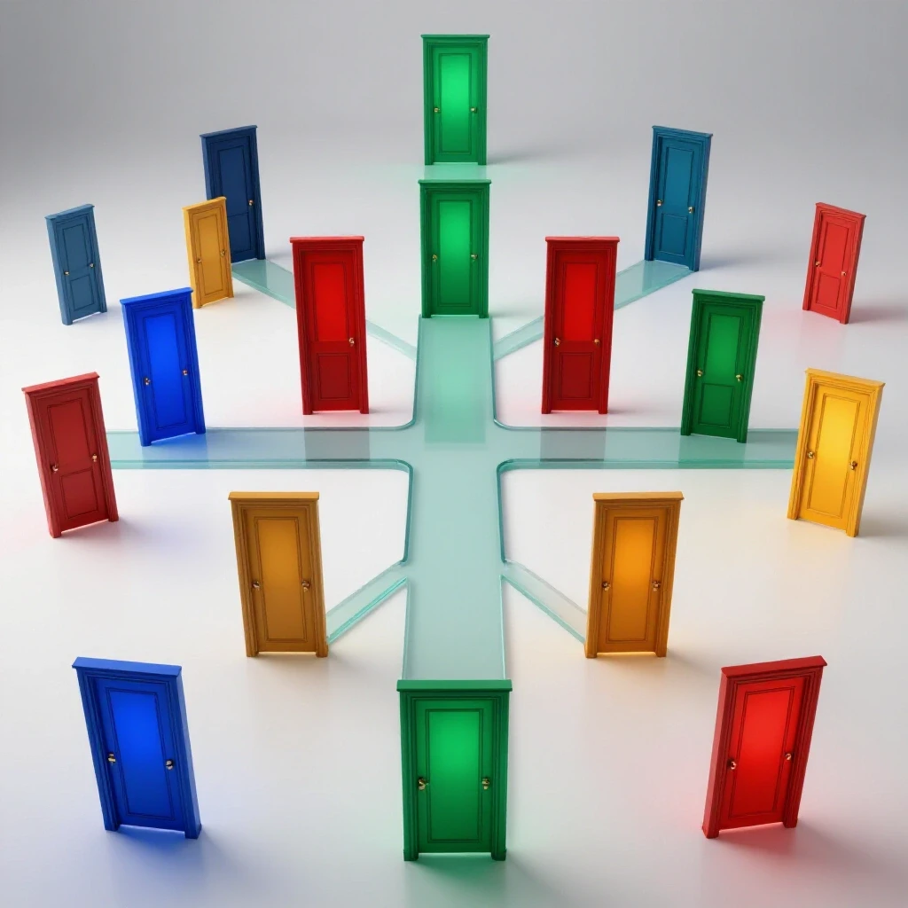 A central branching path leads to glowing colored doorways on a bright white background, symbolizing graduate degree choices.