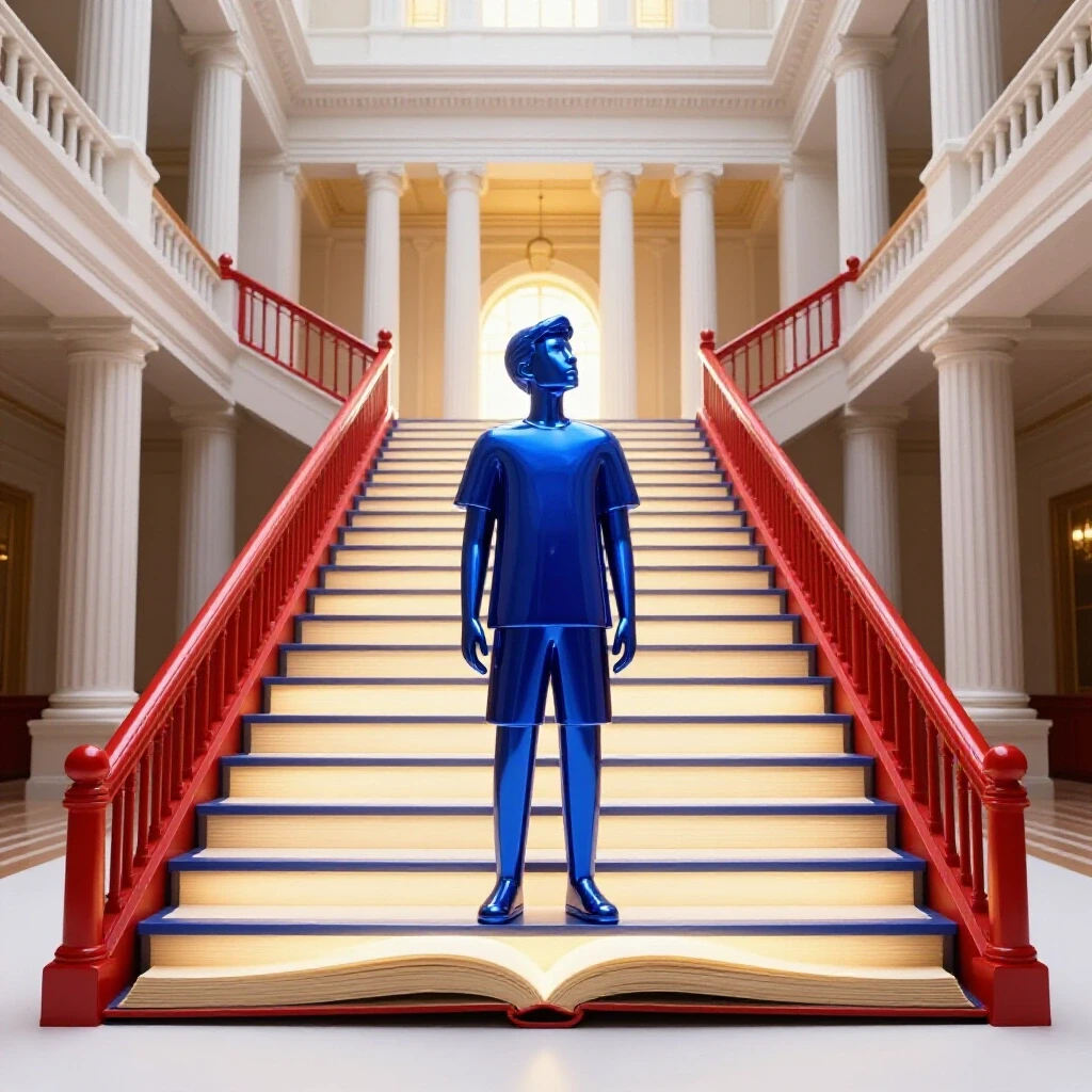 A staircase of glowing pages leads to a bright academic hall, symbolizing achieving success through careful preparation.
