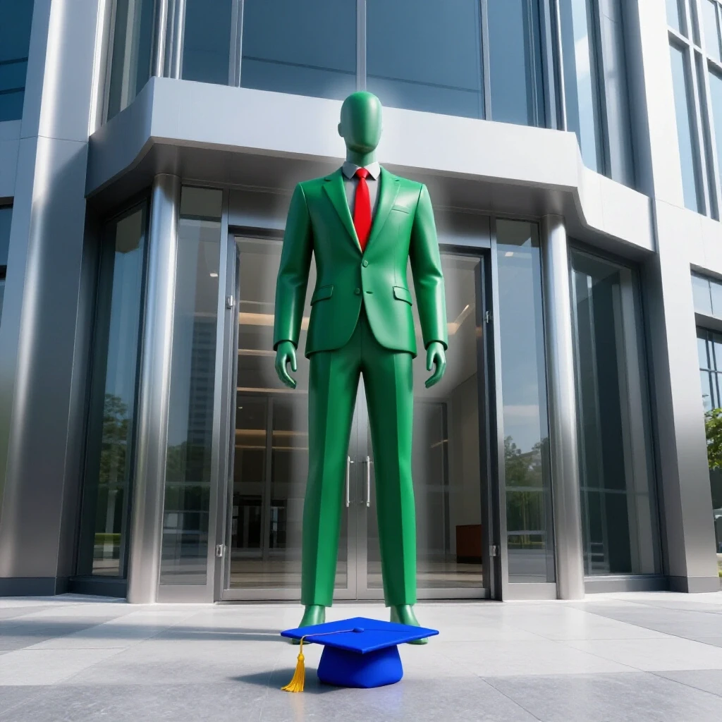 Faceless mannequin at a modern office entrance, bypassing a graduation cap on the ground, symbolizing entry into HR without a degree.