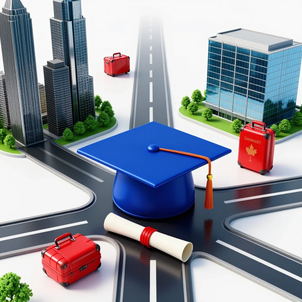 Graduation cap at a crossroads with paths leading to Canadian city skylines and corporate offices, passport and suitcase beside.