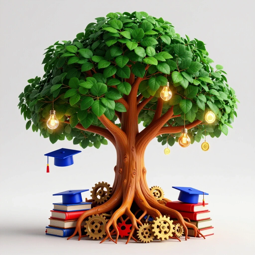 A vibrant tree with roots entwined around books, gears, and graduation caps, its branches bearing glowing coins and lightbulbs, symbolizing educational investment and growth.