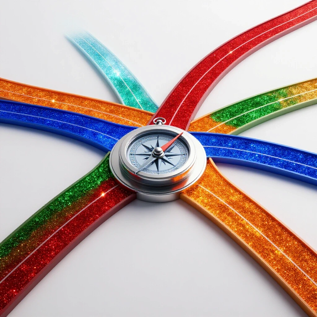 Four vibrant colored paths diverge from a central compass symbol on a bright white background, representing decision-making.