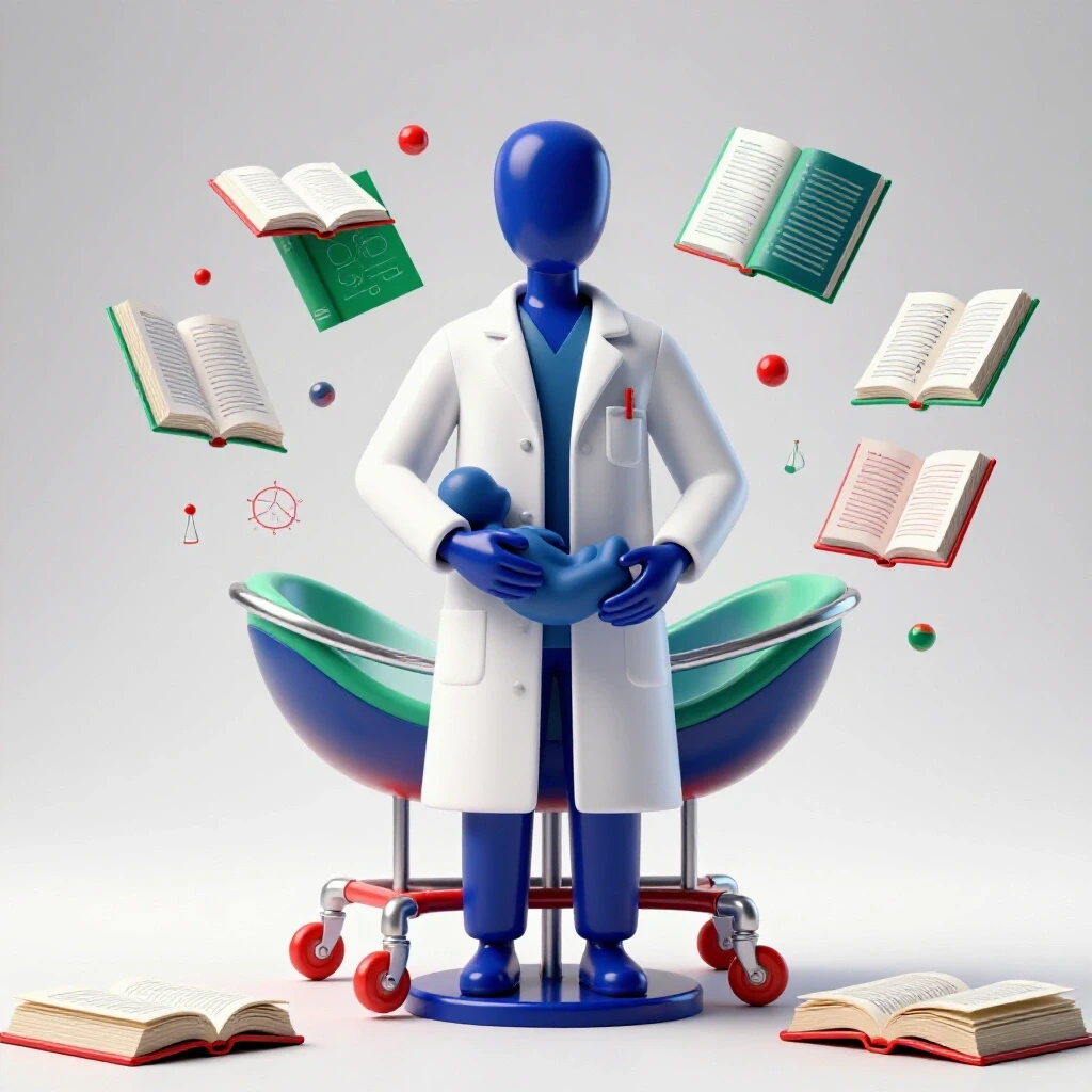 A lab coat on a mannequin guides a cradle and infant symbols amid open textbooks and scientific diagrams.