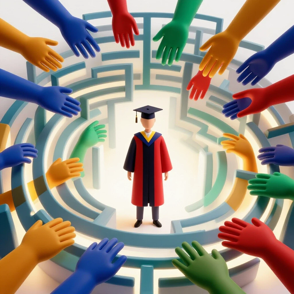 Abstract graduate figure stands at the center of a glowing maze of interconnected colorful hands on a bright background.