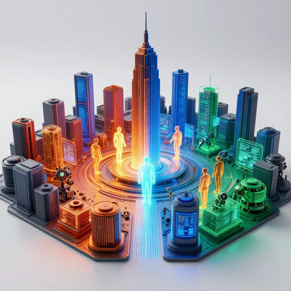 Futuristic cityscape with glowing human silhouettes interacting with vivid digital elements, contrasting with cool, automated environments to illustrate human skills' value.