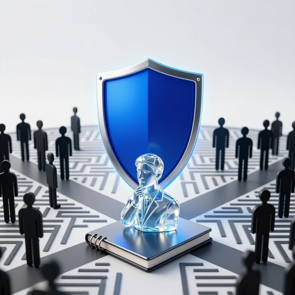 Glowing blue shield and research notebook at a crossroads before a maze of silhouetted human figures, symbolizing ethical decision-making in human subjects research.