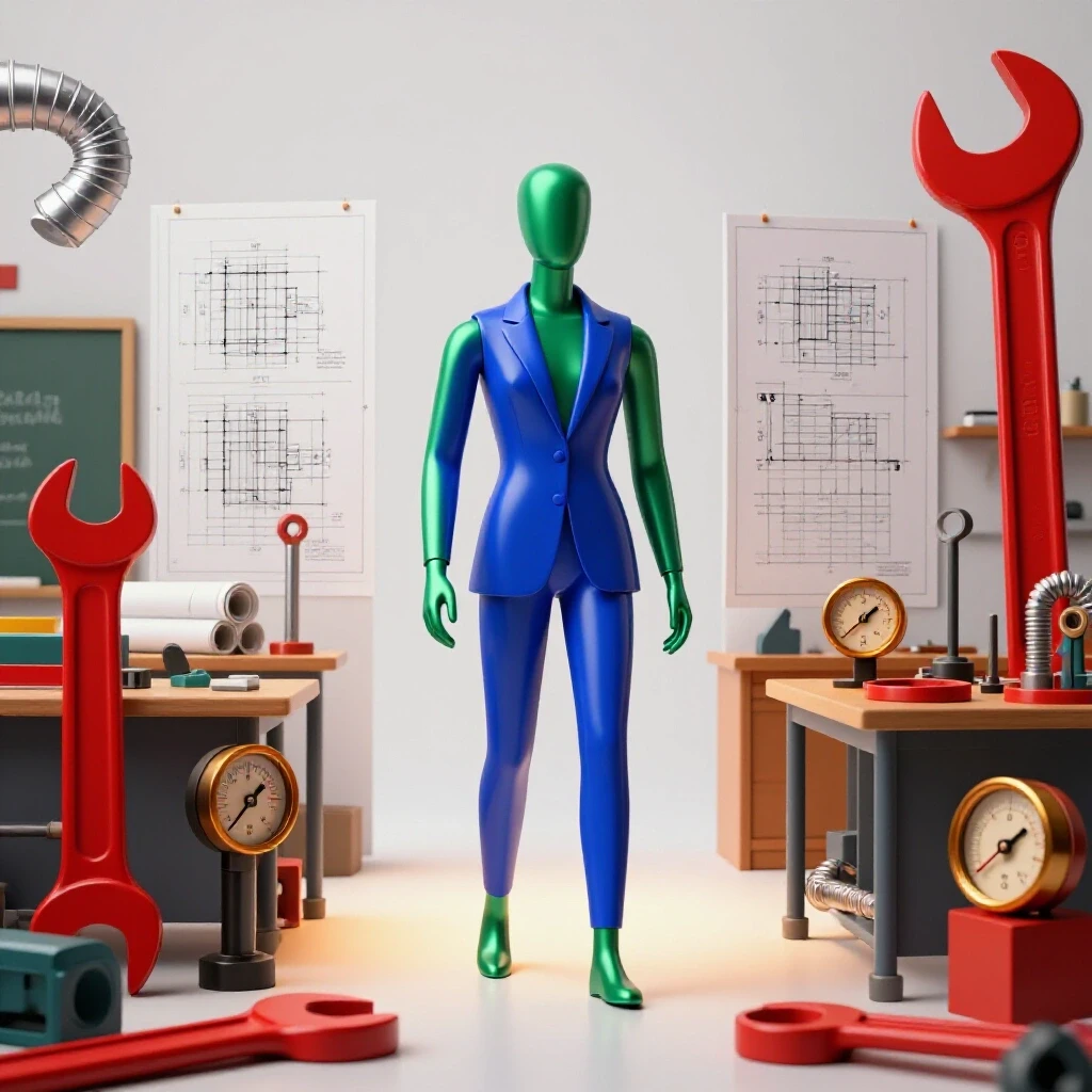 A central blue and green mannequin steps from a blueprint-filled classroom into a vivid, tool-filled HVAC workshop.