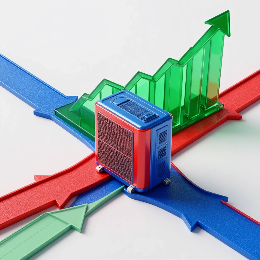 A sleek HVAC unit at a crossroads with diverging arrows and a rising graph, vibrant colors on a bright background.