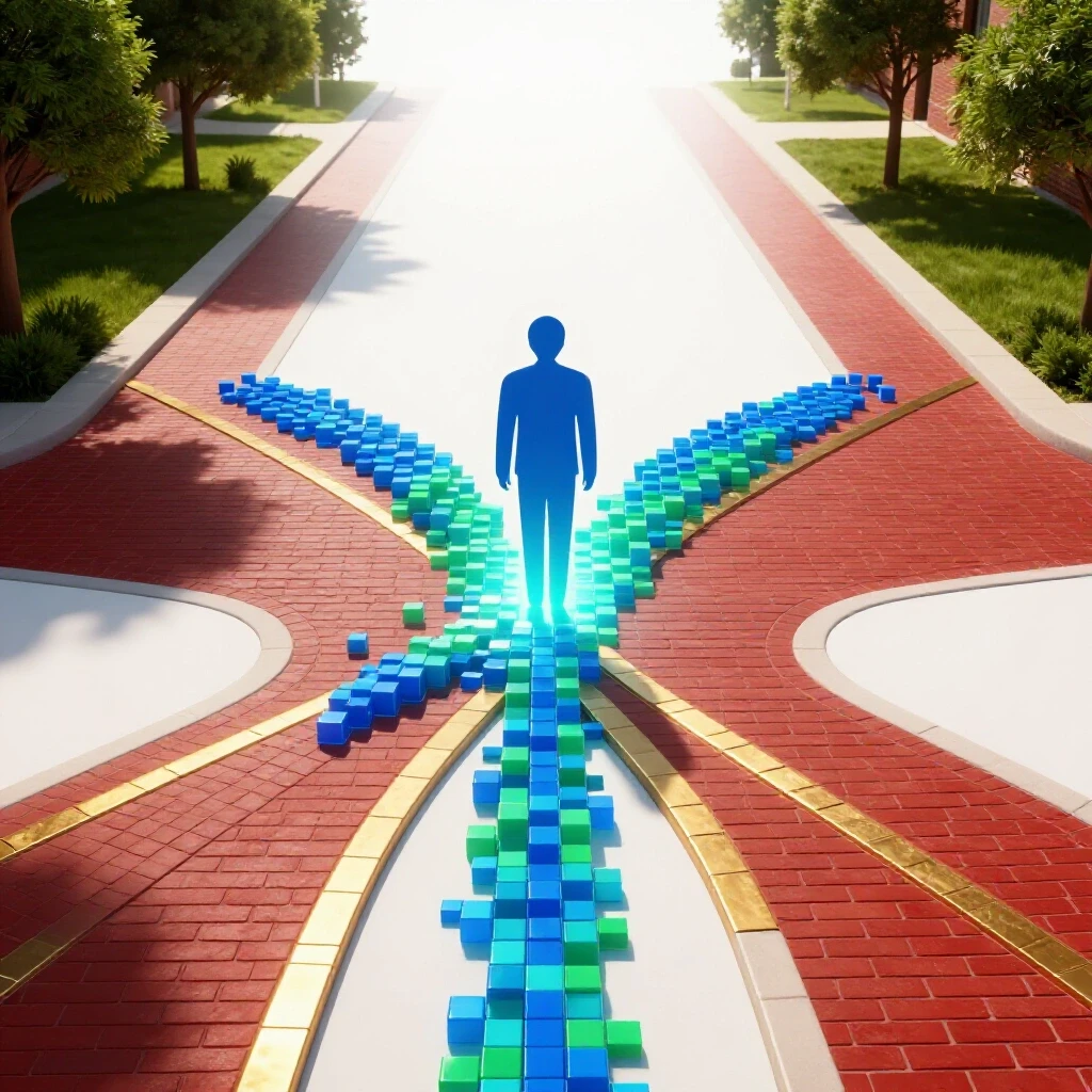 Abstract student figure at the crossroads of a pixelated digital path and traditional campus walkway, symbolizing hybrid learning.
