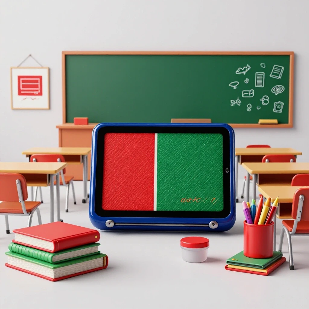 Split-scene showing a vibrant digital home study setup merging into a lively colored classroom environment.