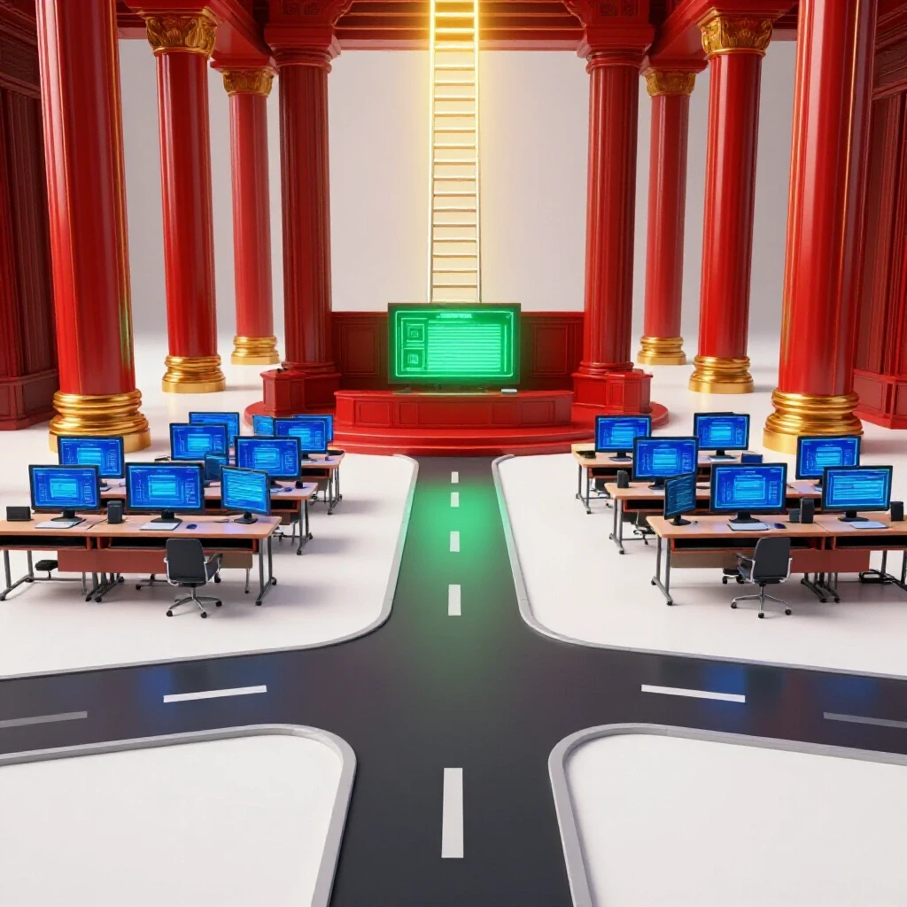 Crossroads with a glowing digital classroom and classic lecture hall leading to a radiant career ladder