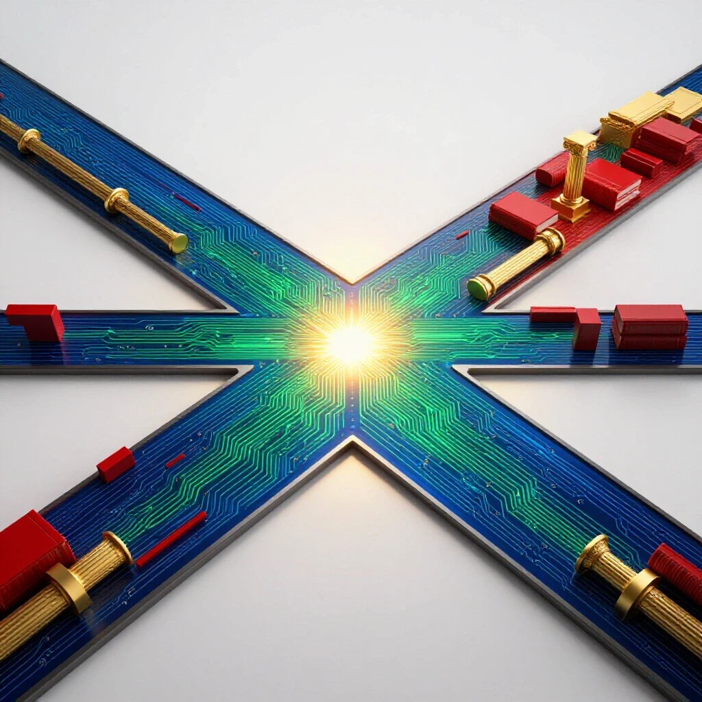 Crossroads with a digital circuit path and academic architecture path converging toward a radiant horizon, symbolizing hybrid master’s degree choices.
