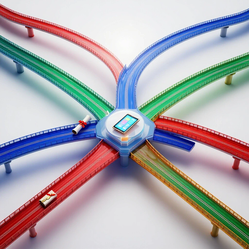 Bright scene of colorful glossy bridges crossing at a center point, with icons like a diploma and tablet symbolizing hybrid career paths on a luminous white background.