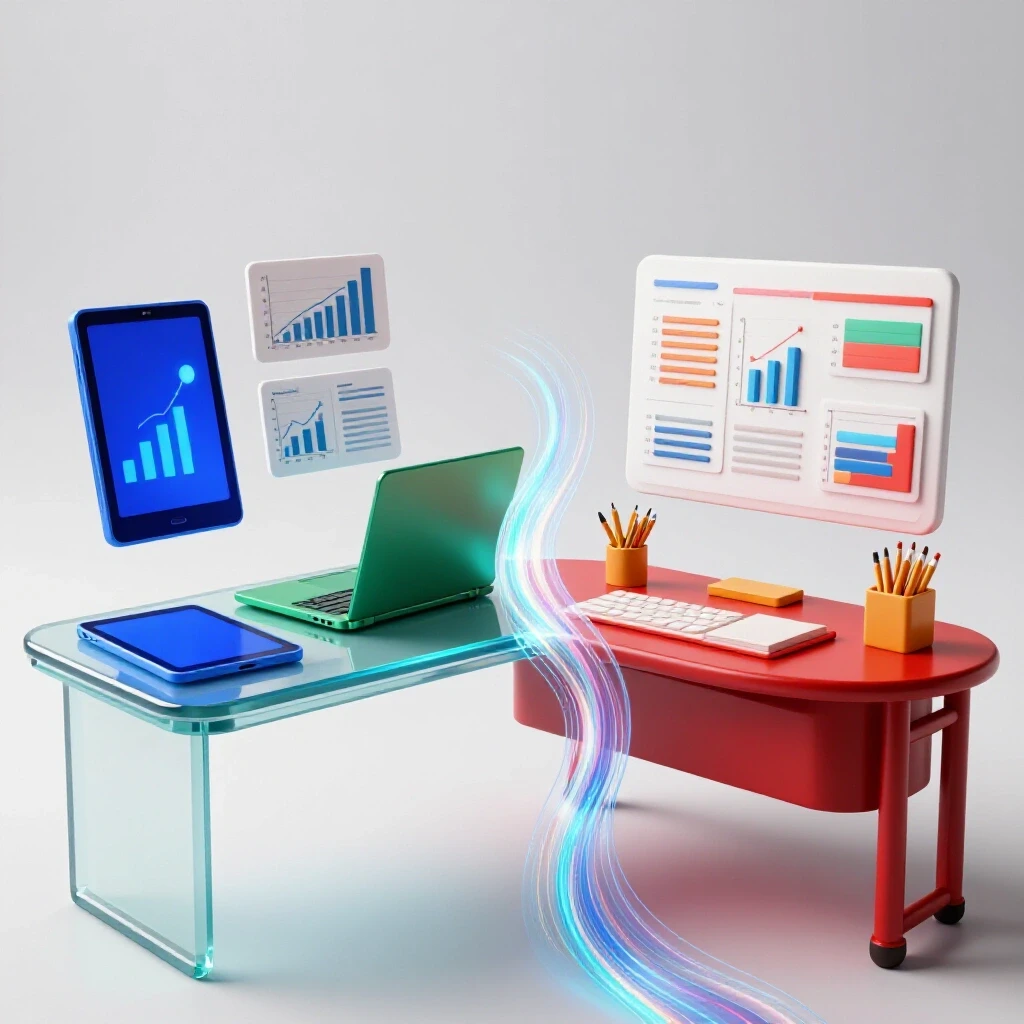 Split scene with home remote work desk and classroom desk, joined by colorful data streams and charts.