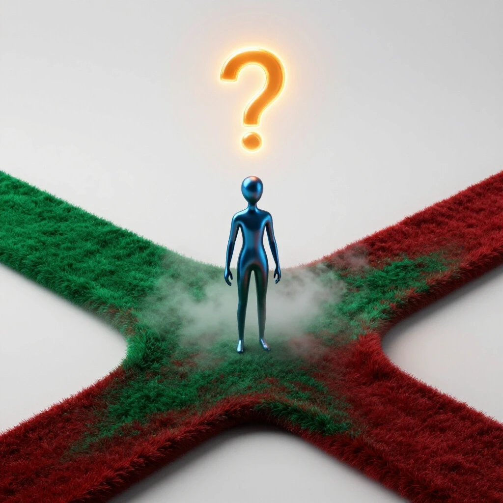 Abstract figure at crossroads under a glowing question mark, vivid colored paths diverging in mist on a bright background.