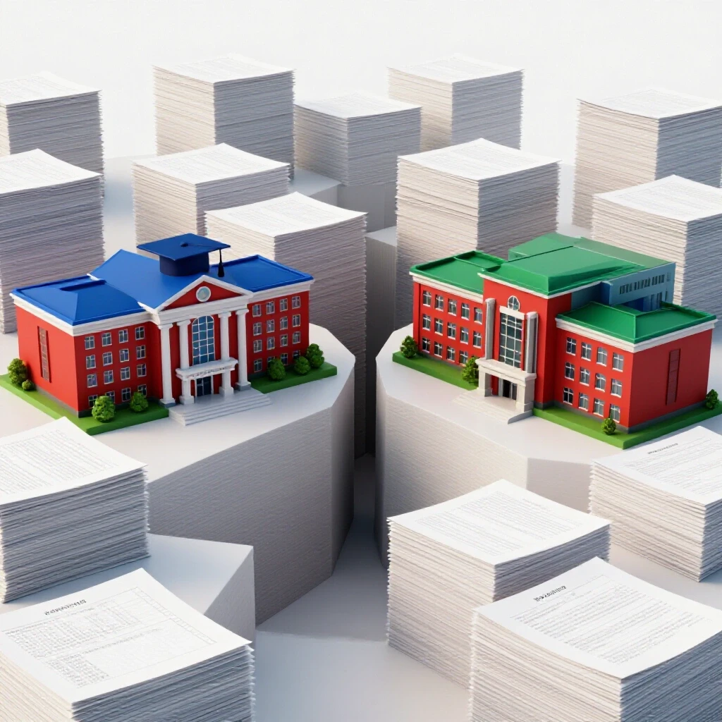 Oversized IB exam papers bridge a gap between colorful academic buildings, symbolizing credit transfer.