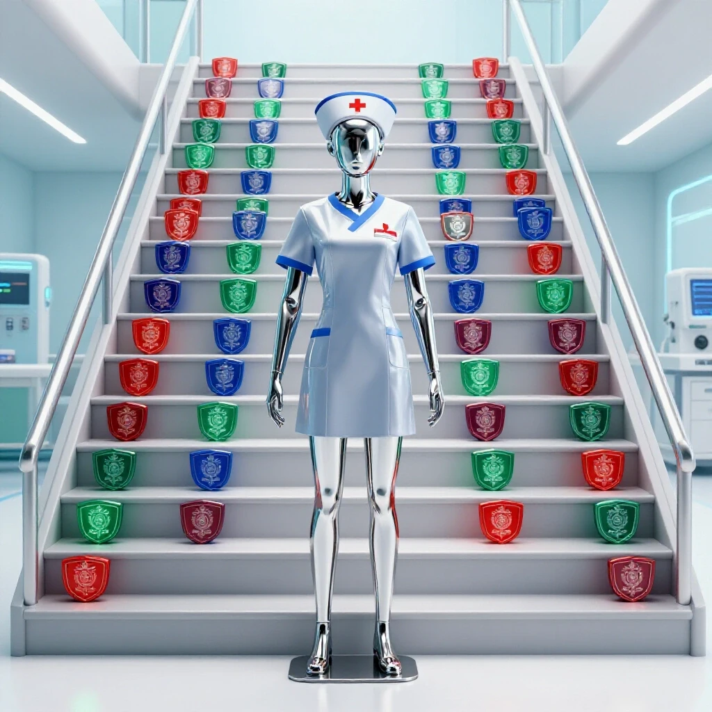A stylized nurse stands at the base of glowing certification badge stairs leading to a bright ICU setting.
