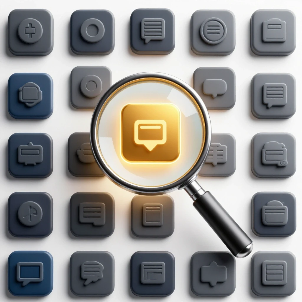 Magnifying glass highlighting a glowing golden software icon among muted generic app symbols on a bright background.