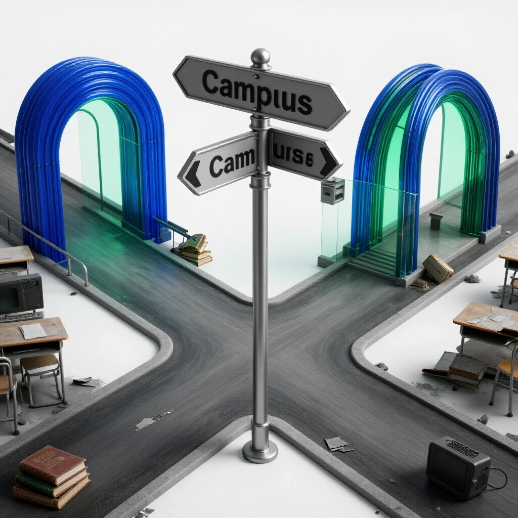 A metallic signpost at a crossroads points to a bright campus entrance and a crumbling, dull classroom on a clean, white background.