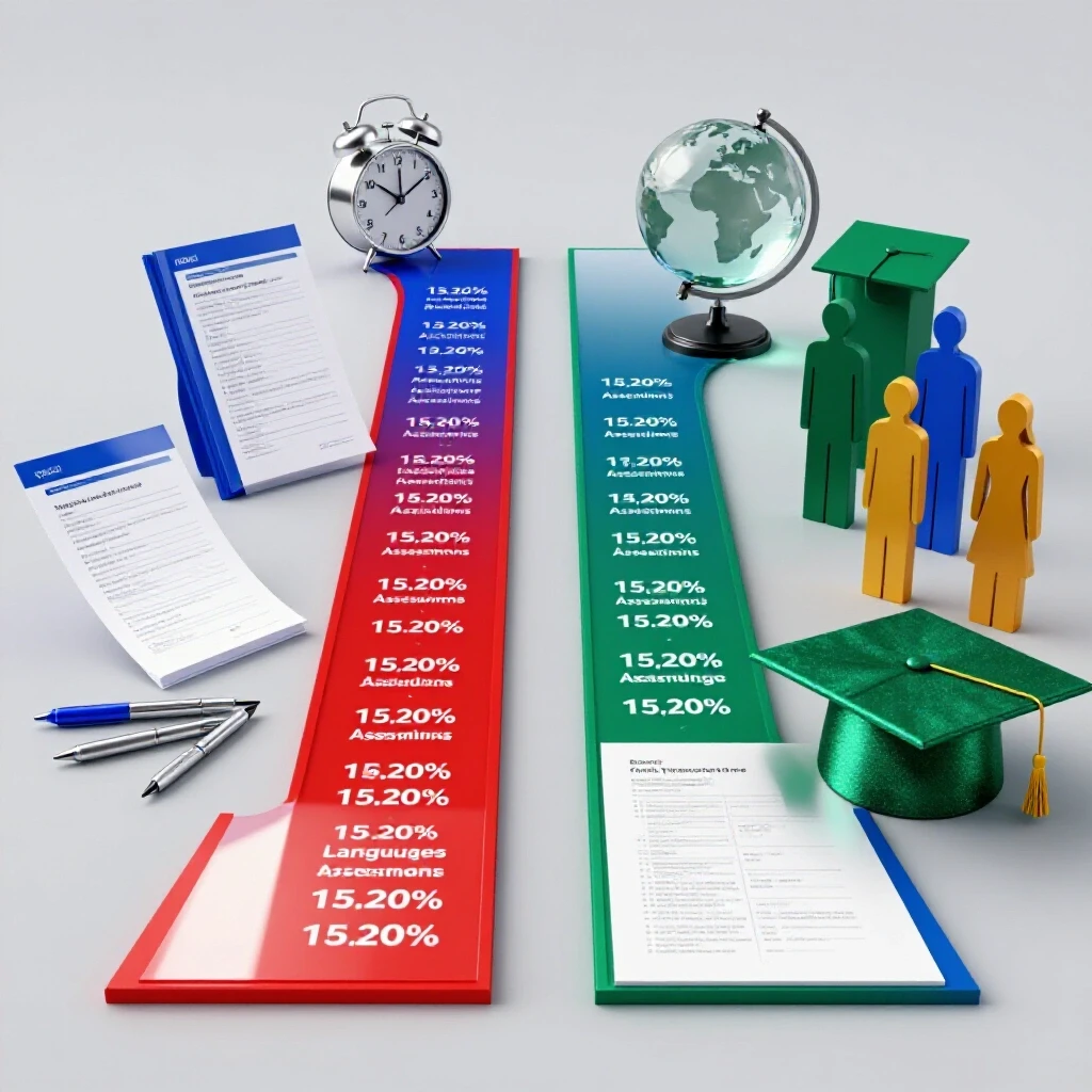 Split image of test papers, pens, and clock on one path; globe, graduation cap, and student shapes on the other, converging in the center.