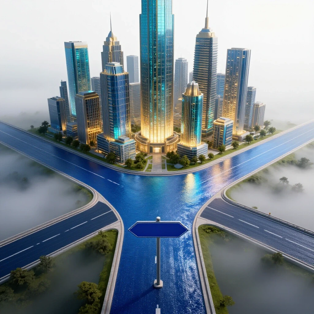 At a crossroads, vibrant paths diverge toward a futuristic city or vanish into mist, with a central road sign.