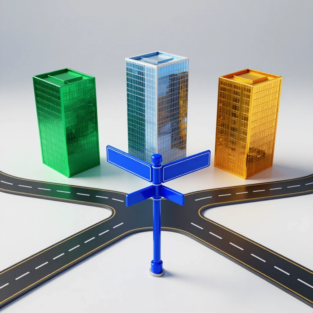 Vibrant crossroads signpost at a split path, leading to three distinct glowing buildings on a bright background.