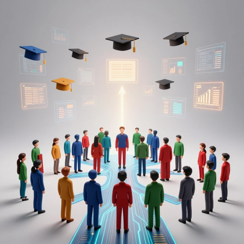 Diverse group at base of glowing data pathways branching upward to floating degrees and charts in bright studio setting