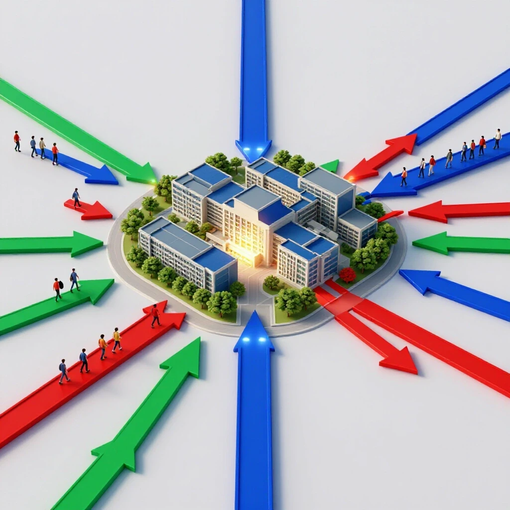 Vivid arrows and streams of light converge on a central campus at a crossroads, symbolizing shifting college demand
