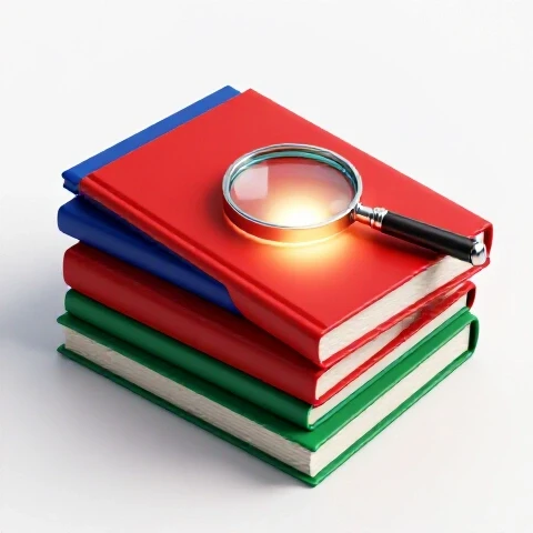Magnifying glass highlights a glowing academic journal amid dull journals on a bright studio background.
