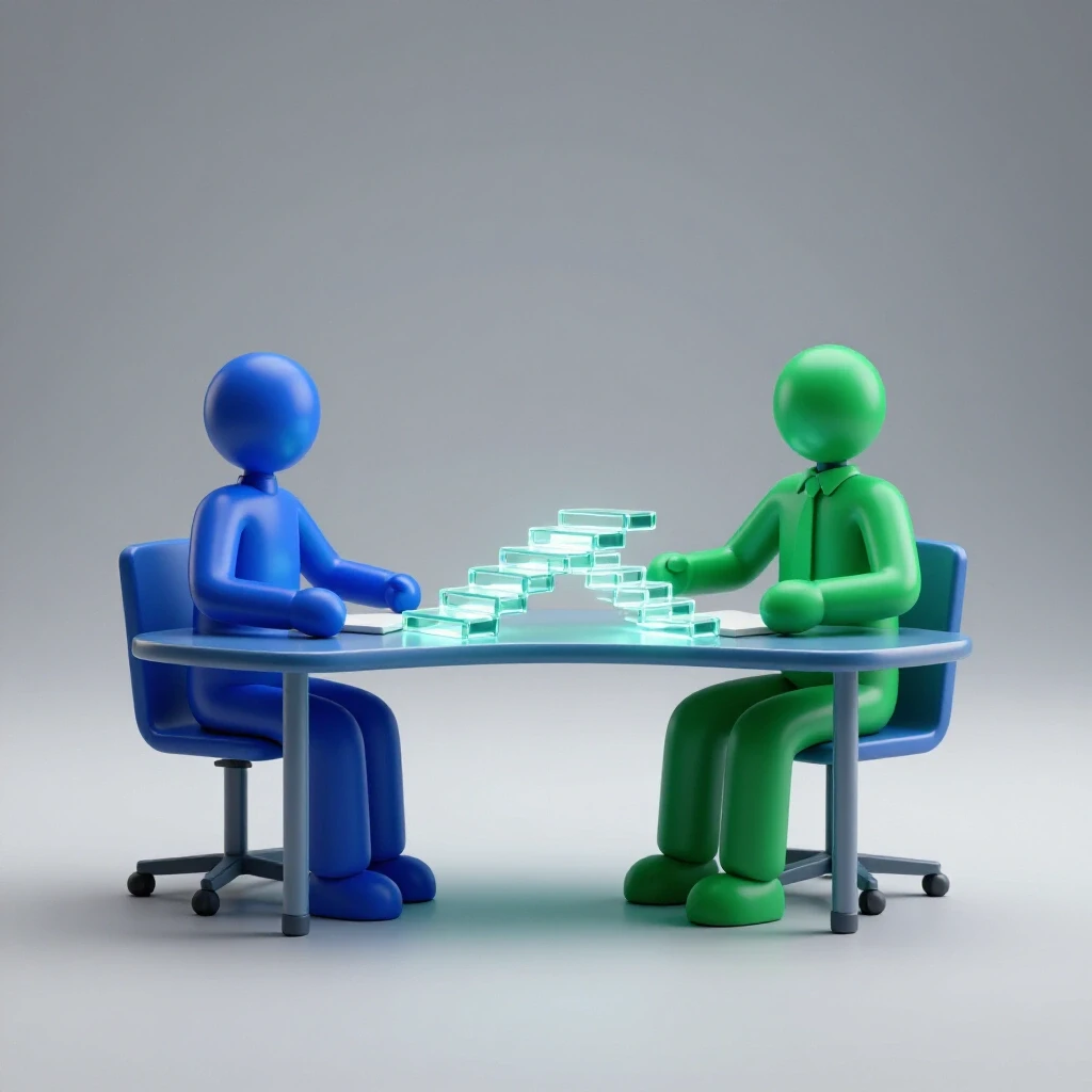 Abstract student and advisor desk forms seated across a table, connected by a glowing bridge of light, symbolizing collaboration in a bright studio setting.