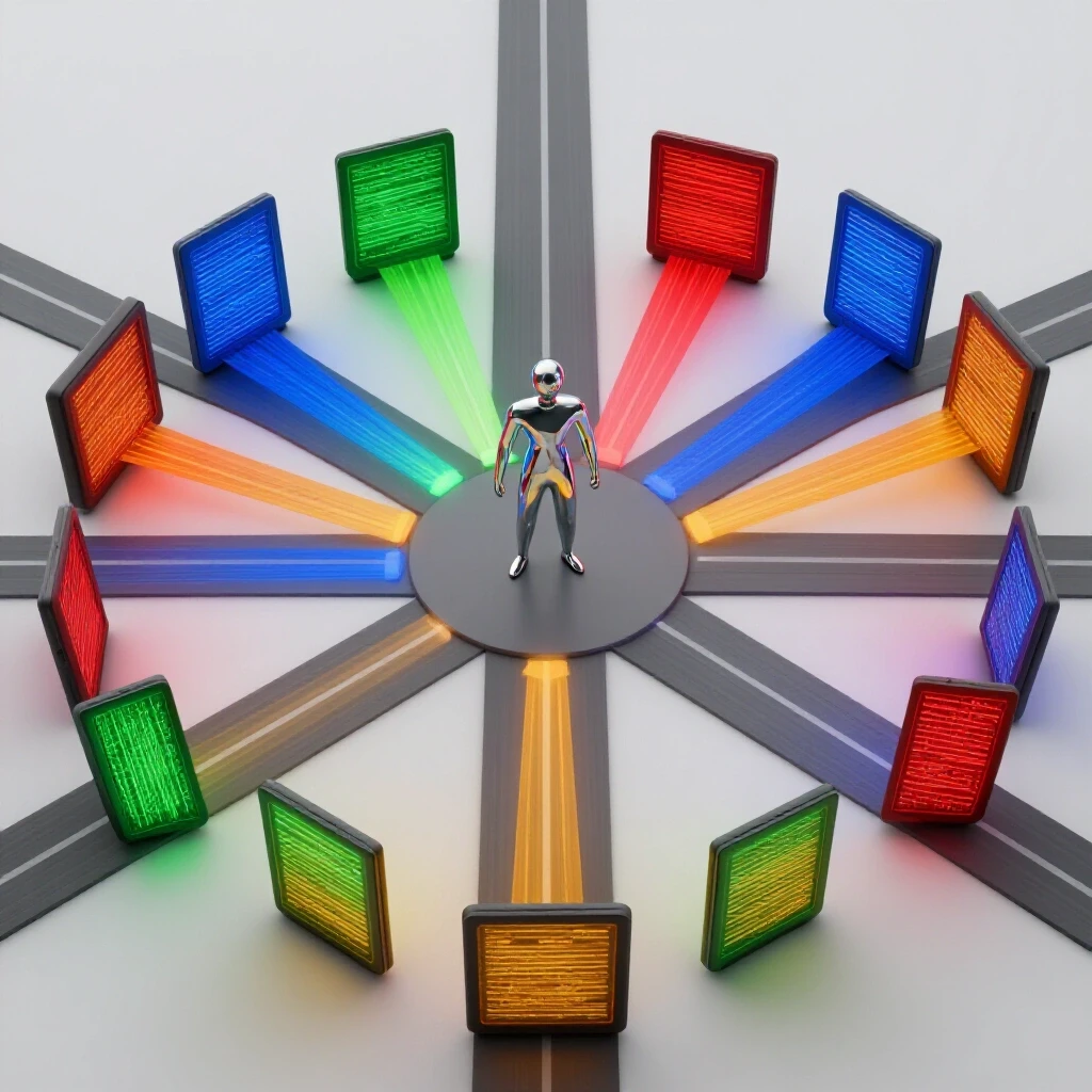 Abstract figure at a crossroads receiving luminous colored feedback forms guiding different paths forward.