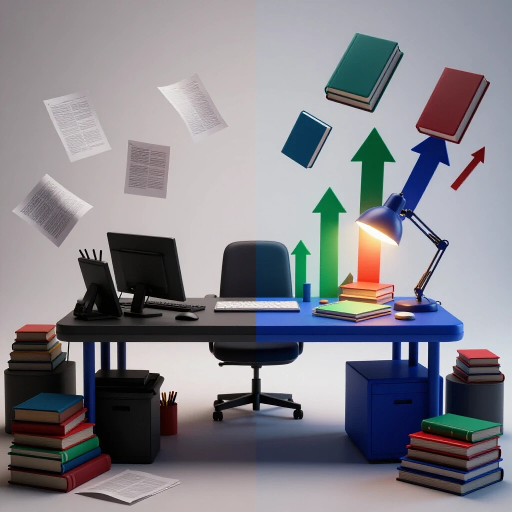 A split desk scene showing a messy, dimly-lit workspace transforming into an organized, bright, inspiring area with ascending books and arrows.