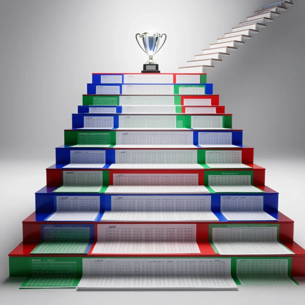 Vivid staircase of colorful answer sheets ascending into bright light, symbolizing LSAT score improvement and opportunity.