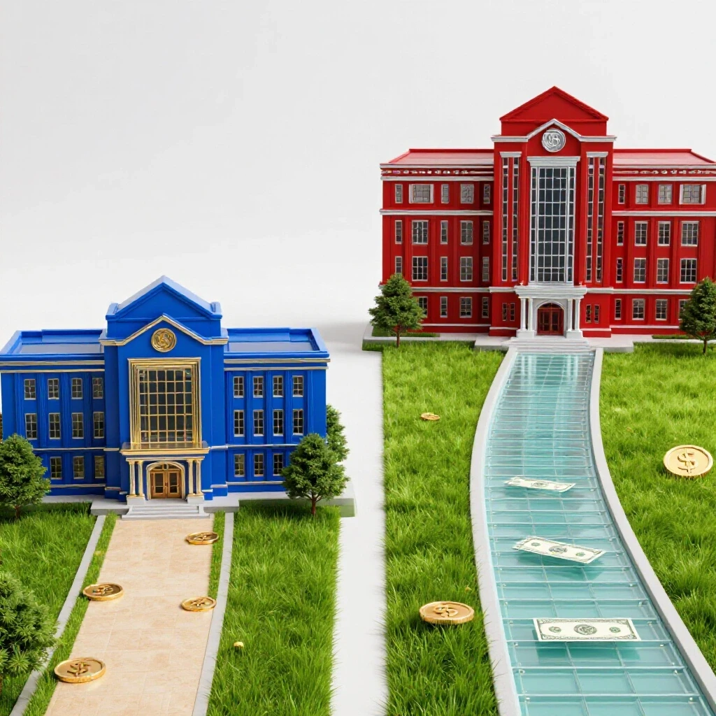Two contrasting college campus paths, one lush and close, the other distant and steep, showing cost differences.
