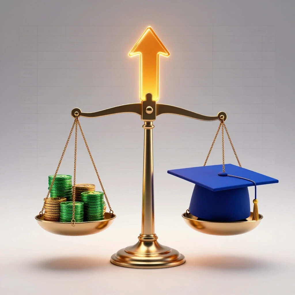 Balanced scale with coins on one side and a graduation cap with an upward arrow on the other, set against a bright backdrop with spreadsheet and sunrise tones.