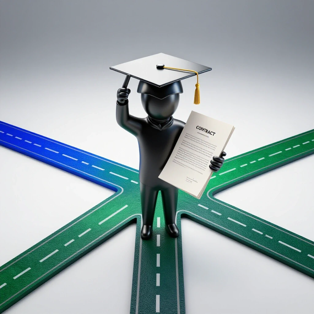 Central faceless sculpture holding a graduation cap and contract at a crossroads with bold diverging paths