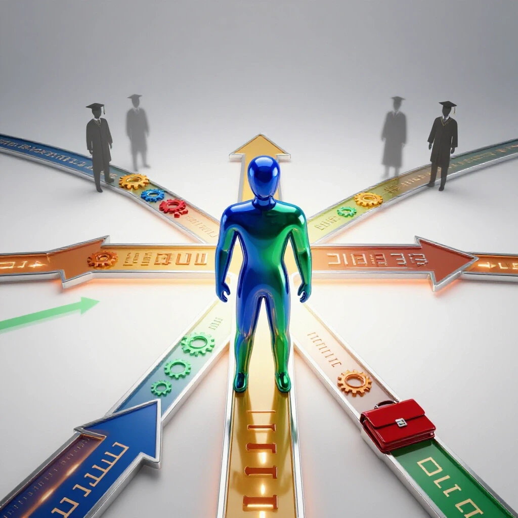Confident abstract figure stands at a vibrant crossroads choosing a glowing, unconventional career path with upward arrows and career icons, while traditional cap-and-gown silhouettes fade in the background on a bright, white setting.