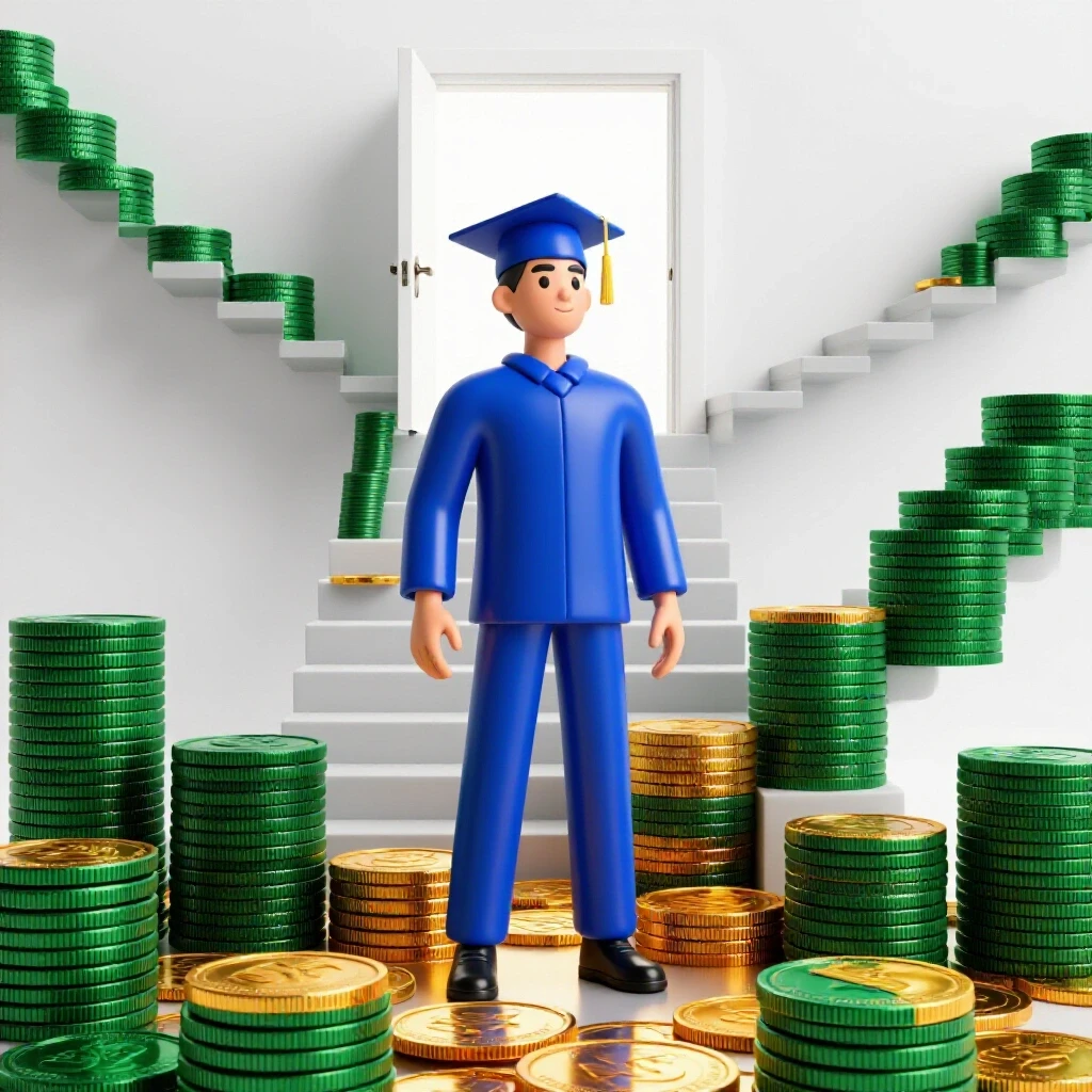 A symbolic graduate stands at the base of a coin staircase, looking up toward a bright doorway symbolizing financial growth.