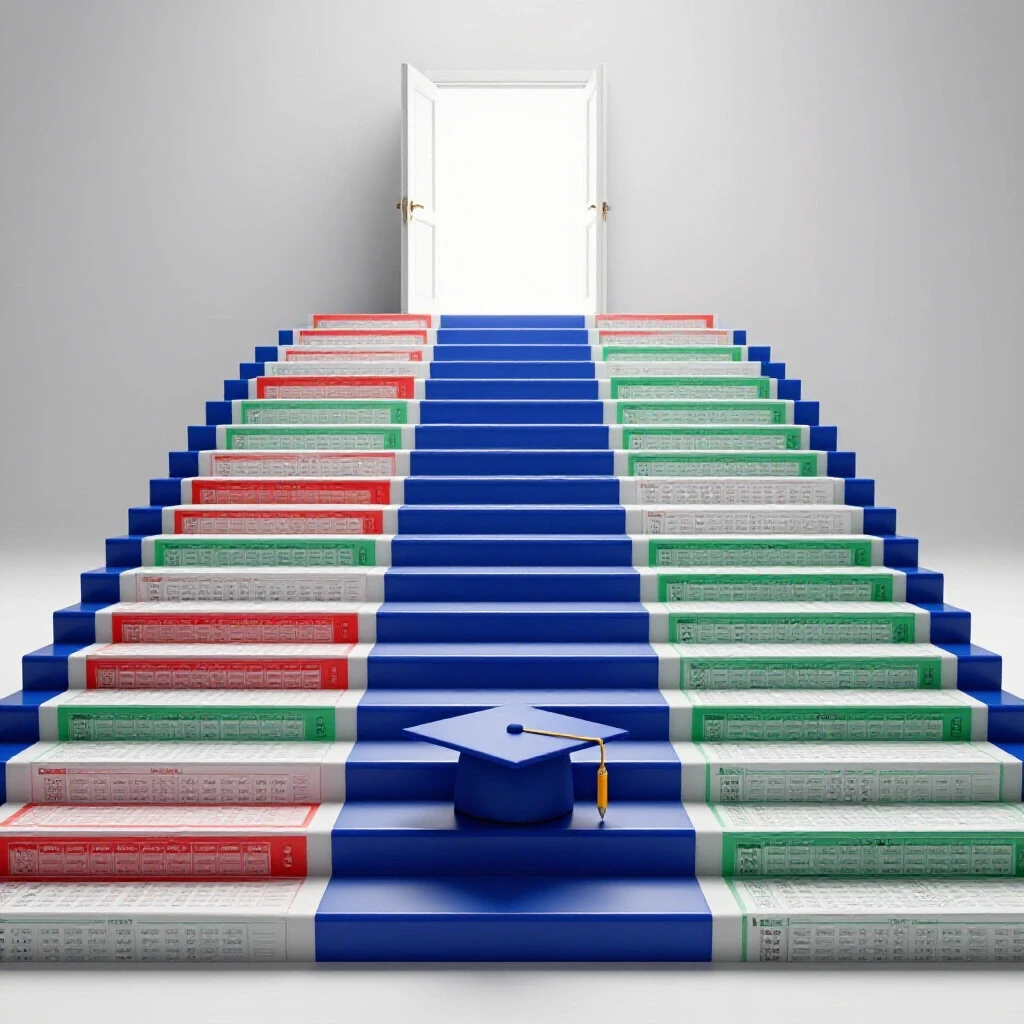 A vibrant staircase of oversized SAT test sheets ascends toward a glowing doorway, symbolizing SAT prep success.