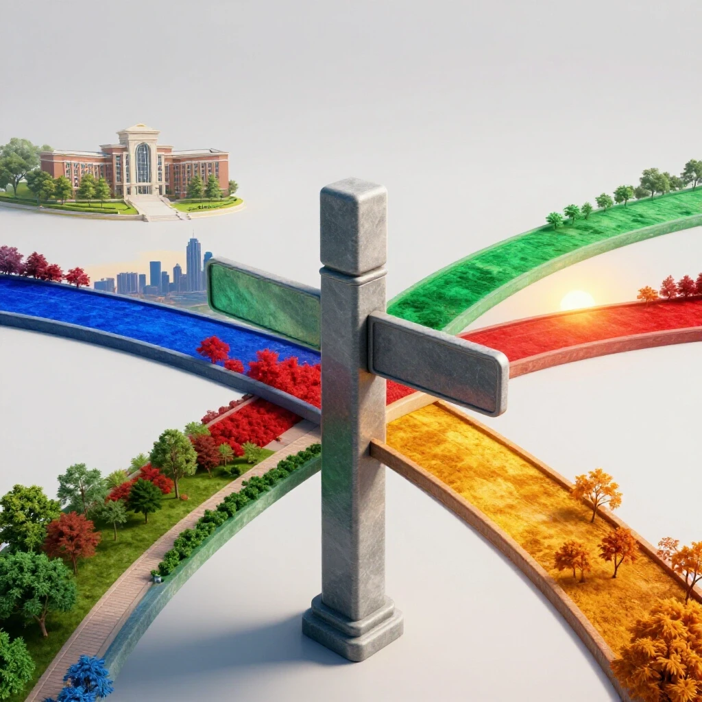 A central crossroads signpost with four bold, colorful paths branching into bright landscapes, symbolizing student choices.